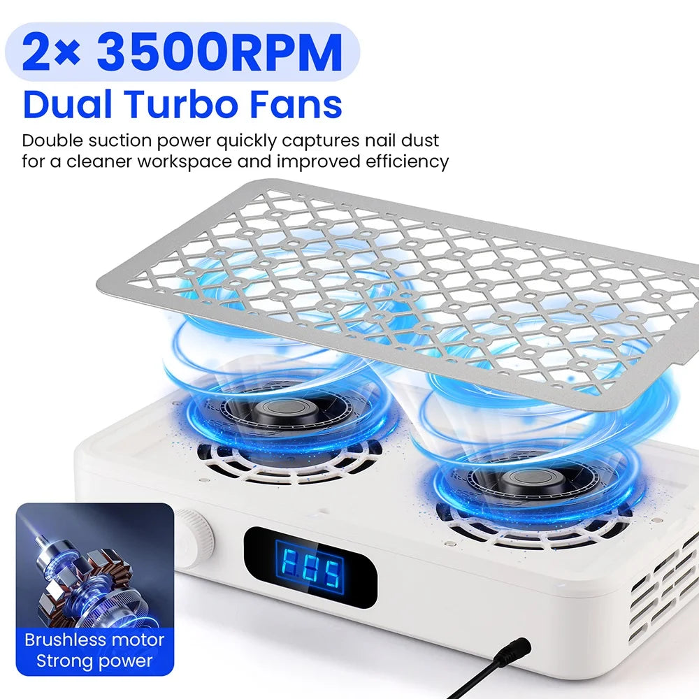 Brushless Nail Dust Collector Dual Turbo Fans Nail Vacuum Cleaner 5-Level Suction Two Hands Nail Dust Extractor Fans for Nail Salon Manicure Table