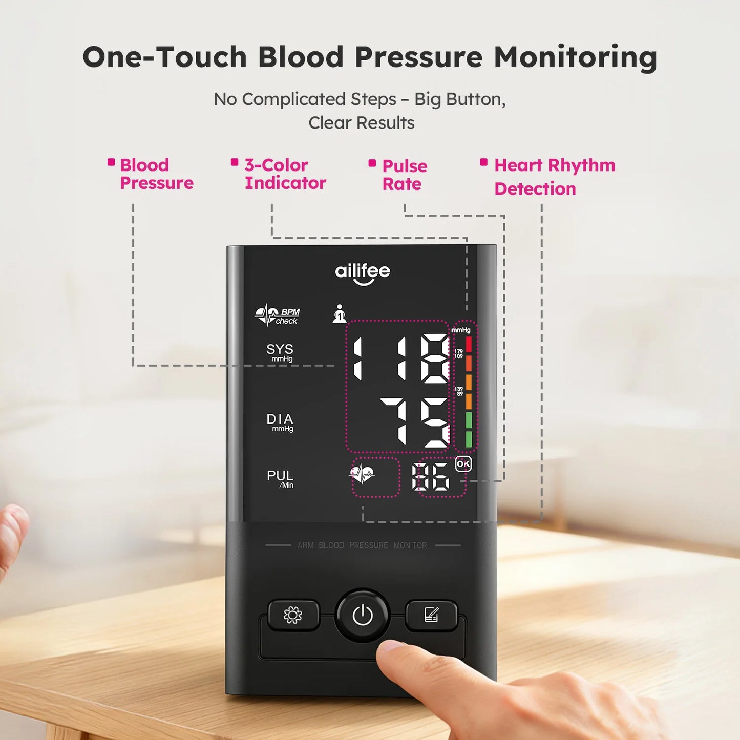 AILIFEE Upper Arm Blood Pressure Monitors for Home Use with Clear LED Backlit Display, Adjustable BP Cuff, Dual-User Mode & Voice Announcement, AES-U392